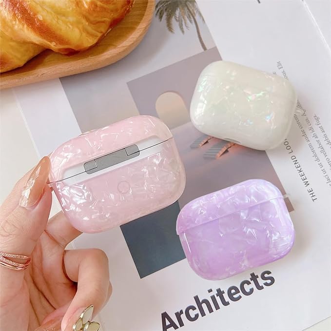 for Cute Glitter Airpods Pro/Pro 2 Gen Case with Cleaner Pen, Shell Pattern iPod Pro 2nd/1st Generation Cover Protective Skin Girl Women with Luxury Pearl Keychain 2023/2022/2019 - Purple
