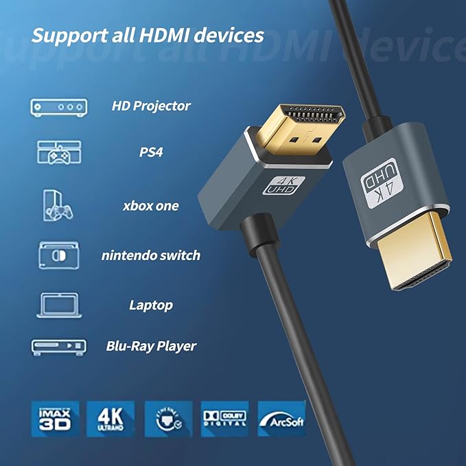 Twozoh Flexible HDMI to HDMI Cable Downward Angled 90° 3.3FT, Ultra Thin and Slim HDMI Cord Support 3D/4K@60Hz