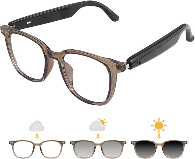 Smart Glasses for Women Men, Bluetooth Audio Glasses with Color-Changing Lenses, Open Ear Sound Speakers, Magnetic Charging, Voice Assistant, Music/Calls, Blue Light Glasses for Working Travel (Brown)