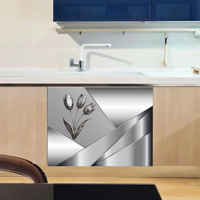 Polished Metal Texture Dishwasher Magnetic Cover for Door Front,Silver Stainless Steel Flowers Refrigerator Magnet Decor Floral Magnet Panel Decal, Fridge Home Appliance Sticker 23x17inch