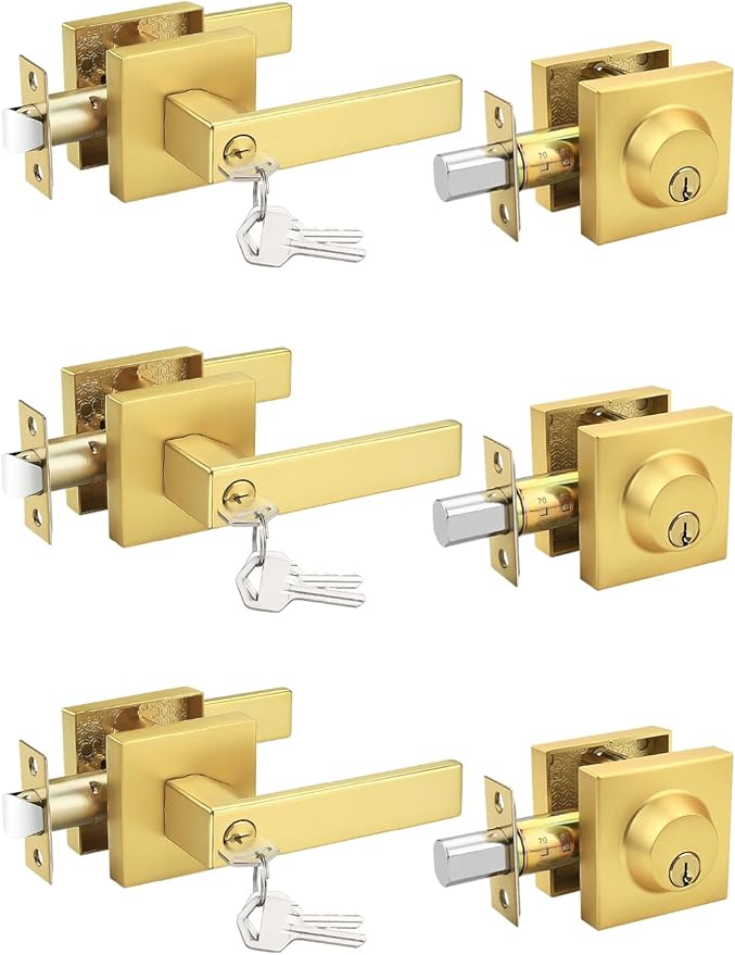 3 Pack Brushed Gold Keyed Alike Front/Exterior Door Lever with Single Cylinder Deadbolt, Satin Brass Entry Door Knob Lock Set Combo Sets, for Entrance/Front and Office Doors