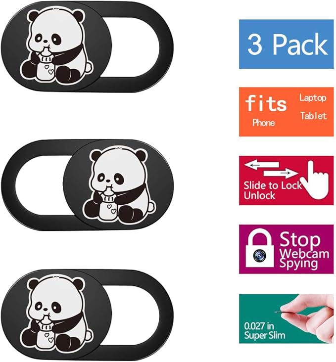 SIREG Webcam Cover Ultra Thin - Web Camera Cover fits Laptop,Tablet,PC,Computer, Smartphone, Protect Your Privacy and Security,Strong Adhesive (Panda-Black & 3 Pack)