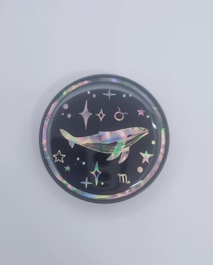 Korean Najeonchilgi Shell-Inlay Phone Grip Stand, Slim Round Phone Holder & Kickstand, Adhesive or Magnetic Back, Metal Ring Included - (Whale in Stars)