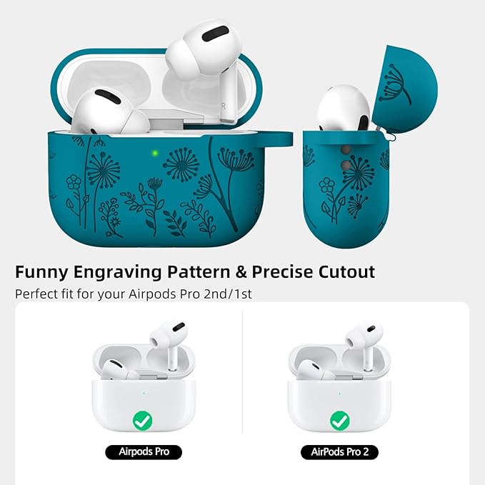 Lerobo Flower Engraved for Airpods Pro/Airpod Pro 2 Case, Cute Soft Silicone Skin Full Protective Cover Compatible with Apple Airpods Pro 2nd Generation Case/1st Generation with Keychain