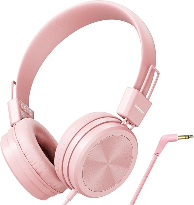 Kids Headphones, Toddler Headphones with Safe Volume Limiter 94dB, Wired School Headphones for Kid, 3.5mm Adjustable On-Ear Headphone for Boys/Girls/Children/Teens/iPad/Computer, Light Pink