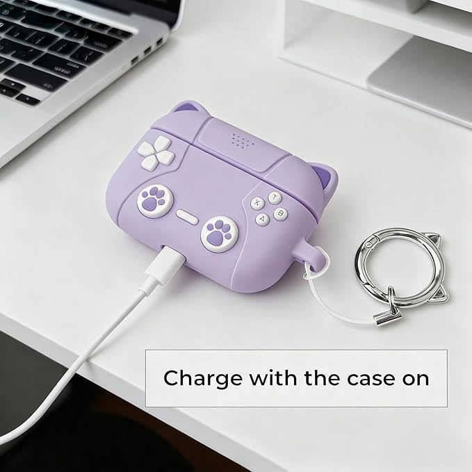 Compatible with Airpods Pro 3 Case 2025 Cute 3D Game Console for Air pod Pro 3 Cover with Keychain Shockproof Protective Silicone Case for Airpods Pro 3 Gen for Women Girls (Purple Cat)
