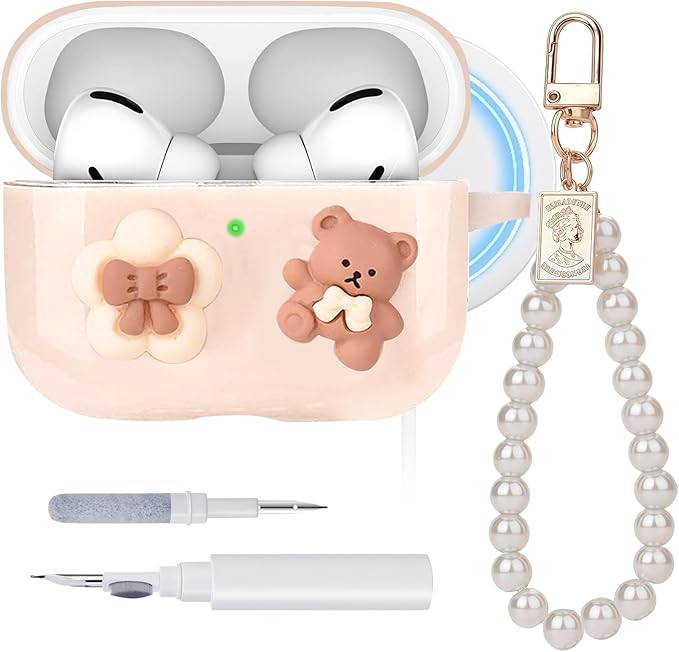 Cute Case for Airpods Pro 3,with Pearl Wristlet Keychain & Cleaning Kit,Compatible with MagSafe,Bow Bear Soft TPU Cover for 2025 Airpods Pro 3rd Generation,Shockproof & Girly-Beige Bear