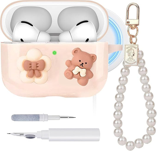 Cute Case for Airpods Pro 3,with Pearl Wristlet Keychain & Cleaning Kit,Compatible with MagSafe,Bow Bear Soft TPU Cover for 2025 Airpods Pro 3rd Generation,Shockproof & Girly-Beige Bear