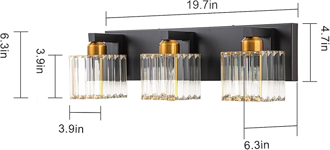 Black Gold Crystal Bathroom Vanity Light 3-Lights Modern Bathroom Lighting Fixtures Over Mirror, Wall Light Fixtures