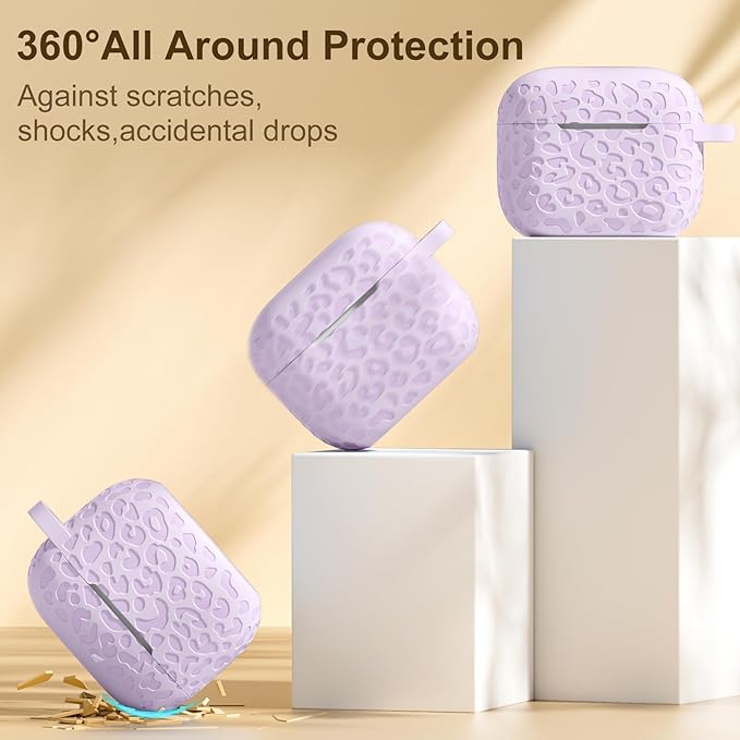 Leopard Engraved Compatible AirPods 4 Case, Soft Silicone Protective Case for Apple AirPods 4th Gen, Cute Accessory with Keychain (Lavender)
