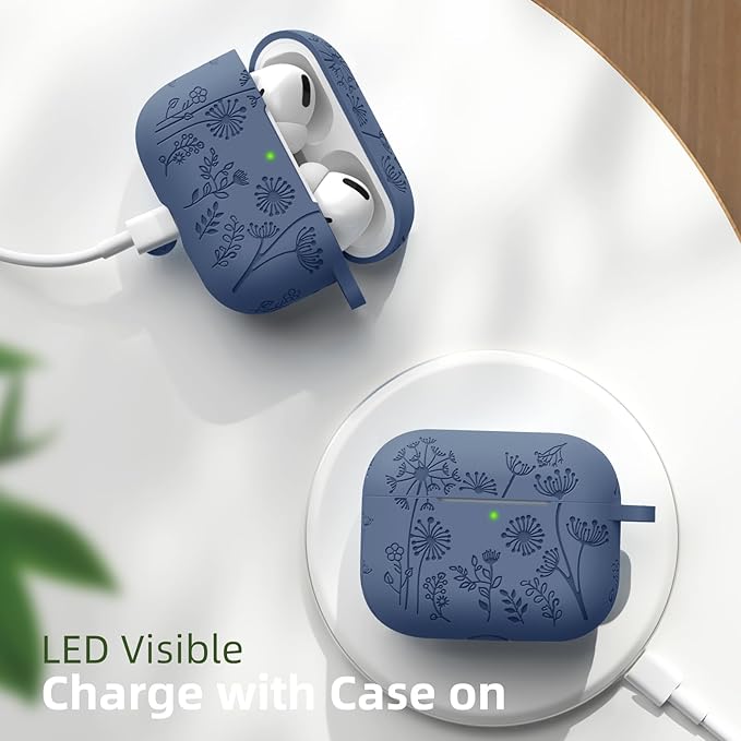 Lerobo Compatible with Apple Airpods Pro 2nd 1st Generation Case Cute Flower Engraved Cover Soft Silicone Skin Cover Full Protective Case for AirPod Pro/Pro 2 Case USB C, Front LED Visible, Blue Gray