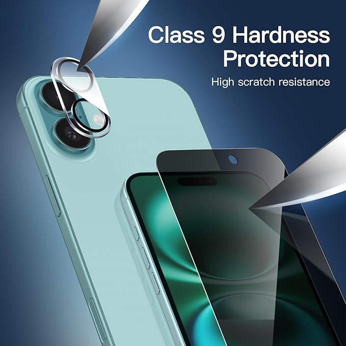 NEW'C 3x Privacy for iPhone 16 Plus Screen Protector (6.7 inches)+ 3x Camera Lens Protector, Sensor Protection, Case Friendly Tempered Glass Film - Dust plug, Easy installation tool included