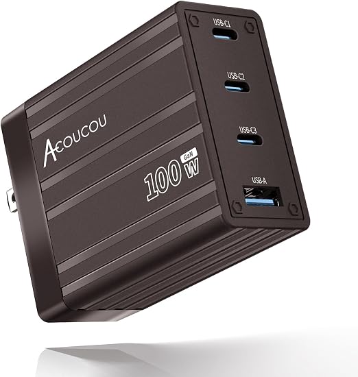 ACOUCOU 100W GaN Charger, 4-Port USB C Wall Charger with 3 USB-C & 1 USB-A, Foldable Fast Charging Block for MacBook, iPad, iPhone, Galaxy, Steam Deck & Laptops