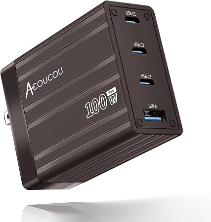 ACOUCOU 100W GaN Charger, 4-Port USB C Wall Charger with 3 USB-C & 1 USB-A, Foldable Fast Charging Block for MacBook, iPad, iPhone, Galaxy, Steam Deck & Laptops