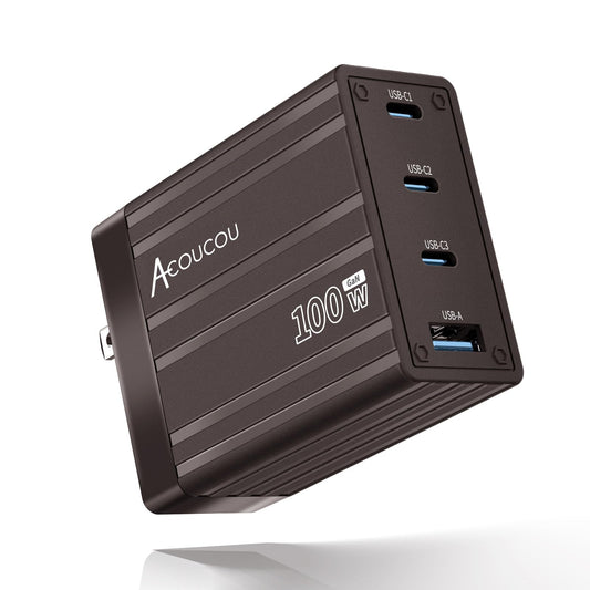 ACOUCOU 100W GaN Charger, 4-Port USB C Wall Charger with 3 USB-C & 1 USB-A, Foldable Fast Charging Block for MacBook, iPad, iPhone, Galaxy, Steam Deck & Laptops
