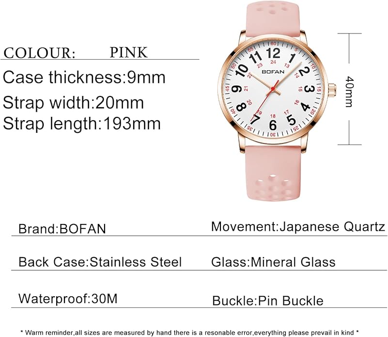 BOFAN Nurse Watch for Medical Professionals,Students,Doctors with Easy to Read Dial,Second Hand and 24 Hour,Soft and Breathable Silicone Band,Water Resistant