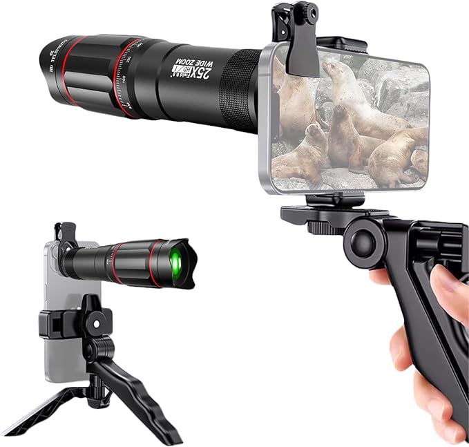 Andoer 25x Macro Telephoto Smartphone Lens Kit with Phone Clip Holder, 25X Telephoto Lens, Black