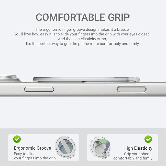 Grat 4 for Magsafe Magnetic Phone Grip Stand, 360° Rotatable Elastic Strap Loop, Detachable Ultra-Thin Aluminum Ring Kickstand Compatible with iPhone 17 Pro Max Air 16 15 14 13 12, Silver