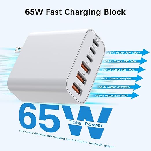 65W USB C Charger Block,2Pack Type C Charger Fast Charging Block, 6 Port GaN PD&QC Wall Plug 6in1 Multiport Power Adapter for iPhone 17 Pro Max/16e/15/14/13/12/11/SE/X/XS/XR,iPad Pro/Air,Galaxy
