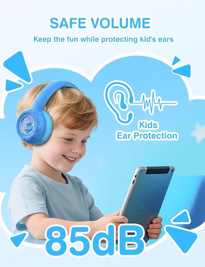 Kids Bluetooth Headphones, Rainbow LED Light, Dinosaur Buddy, 85dB Volume Limited, 60 Hours Playtime, Bluetooth 5.3, USB C, Kids Wireless Headphones for iPad/Tablet/Travel/School, Durable
