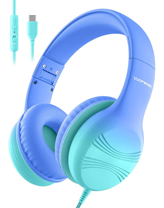 USB Type C Kids Headphones, Wired Headphones for Kids with Microphone 85/94dB Volume Limit, Stereo Sound Portable Over Ear Headphones for School/Travel/Tablet/iPad, Gradient Blue