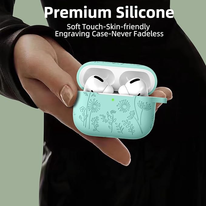 Lerobo Flower Engraved for Airpods Pro Case Cover/Airpod Pro 2 Case, Cute Soft Silicone Skin Full Protective Cover Compatible with Apple Airpods Pro 2nd Generation/1st Generation Case with Keychain