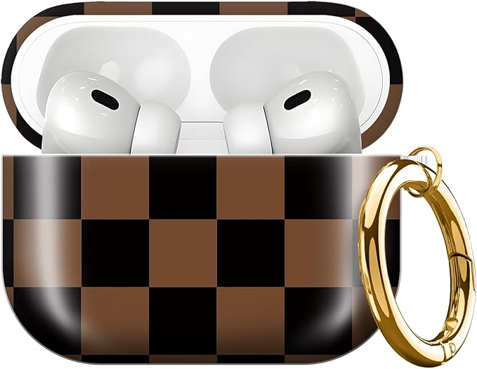 Compatible with AirPods Pro 3rd Generation 2025 Case Cover with Gold Keychain - Cute Protective Hard AirPod Pro 3 Cases for Women - Brown Black Checkered