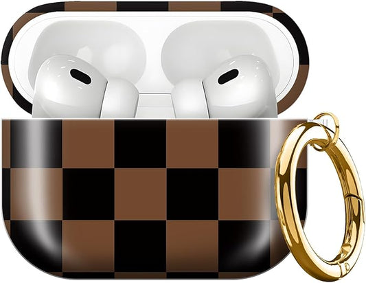 Compatible with AirPods Pro 3rd Generation 2025 Case Cover with Gold Keychain - Cute Protective Hard AirPod Pro 3 Cases for Women - Brown Black Checkered