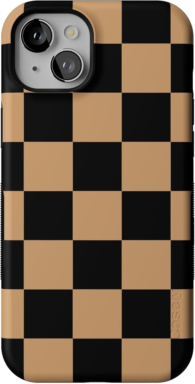 Casely iPhone 15 Plus Case | Fit Check | Black & Brown Checkerboard | Bold Protective Design | MagSafe Compatible Design