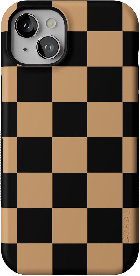 Casely iPhone 15 Plus Case | Fit Check | Black & Brown Checkerboard | Bold Protective Design | MagSafe Compatible Design