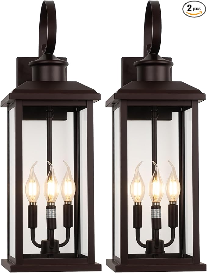 3-Light Large Outdoor Wall Light 2-Pack, 24" Bronze Modern Extra Exterior Lighting Fixture, Waterproof Porch Sconce Wall Mount, Outside Lamp for Front Door Farmhouse
