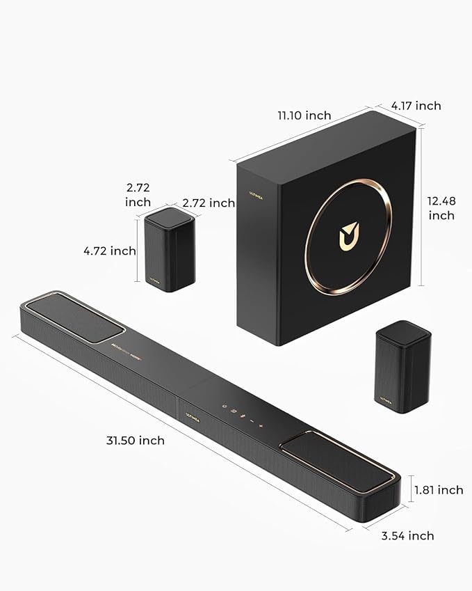 ULTIMEA 5.1.2ch Sound Bar with Dolby Atmos, Surround Sound System for TV with 2 Surround Speakers, Sound Bar for Smart TV, Soundbar with Subwoofer for Home Theater, BT 5.4, HDMI eARC, Skywave F40