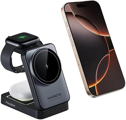MALOM W91 3-in-1 Multifunctional Wireless Magnetic Charger for iPhone, Apple Watch, AirPods, Foldable, Nightlight (Black) - Image 4