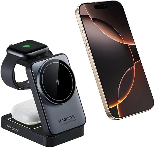 MALOM W91 3-in-1 Multifunctional Wireless Magnetic Charger for iPhone, Apple Watch, AirPods, Foldable, Nightlight (Black) - Image 6