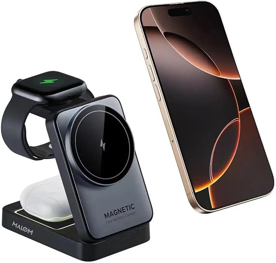 MALOM W91 3-in-1 Multifunctional Wireless Magnetic Charger for iPhone, Apple Watch, AirPods, Foldable, Nightlight (Black) - Image 7