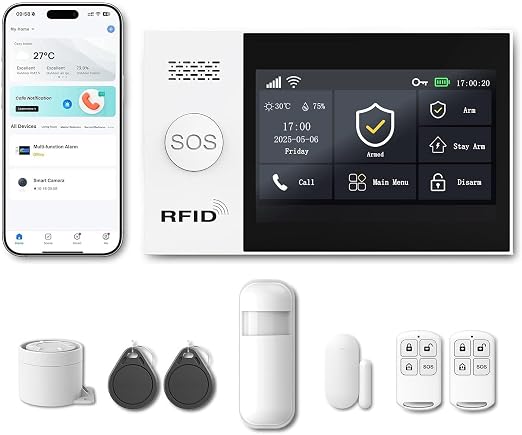 WiFi Wireless Alarm System for Home Security - 24/7 Protection Smart Home Devices 4.3" Touch Screen, GSM/4G+WiFi, App Instant Alerts, No Monthly Fee, Alexa Compatible for Villa, Kids Safety (8pcs)