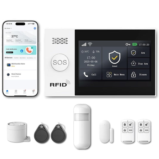 WiFi Wireless Alarm System for Home Security - 24/7 Protection Smart Home Devices 4.3" Touch Screen, GSM/4G+WiFi, App Instant Alerts, No Monthly Fee, Alexa Compatible for Villa, Kids Safety (8pcs)