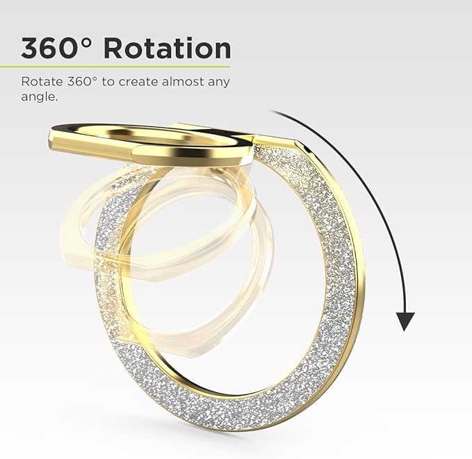 PureGear Magnetic Phone Grip Ring Stand, Magnetic Phone Ring Holder for MagSafe iPhone Air, 17, 17Pro, 17ProMax, 16, 16Plus, 16ProMax, 15, 14, 13, 12 Adjustable Kickstand(Gold with Silver Glitter)