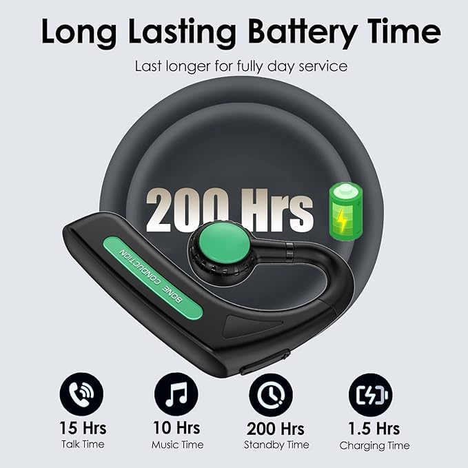 Open Ear Headphones Bluetooth Single Bone Conduction Wireless Earbuds with Earhooks Microphone Earphones Waterproof Long Battery Life Earpiece for Workout Sports Running Android iOS Non Ear Plug Green