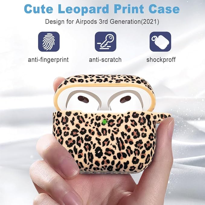 Silicone Leopard Compatible with AirPods 3 Case 2021, Gawnock Soft Case Compatible with AirPods 3rd Generation Floral Print Cover for Women Girls with Keychain (Khaki Leopard)