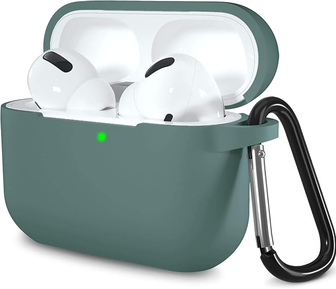 Lerobo Compatible with AirPods Pro Case 2019,Shock-Proof Silicone Skin Full Protective Cover for Airpods Pro 2,Supports Wireless Charging with Durable Carabiner Front LED Visible,Pine Green