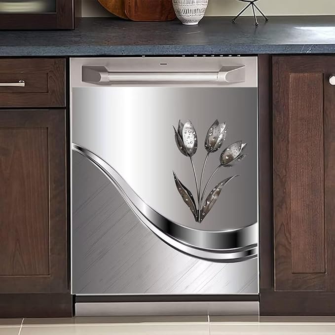 Generic Stainless Steel Effect Kitchen Decoration Dishwasher Cover Magnetic,Metal Flower Pattern Refrigerator Decor Magnet Sticker, Dishwasher Panel Decal, 23"" x 26"" Magnetic, Rimyy111-2