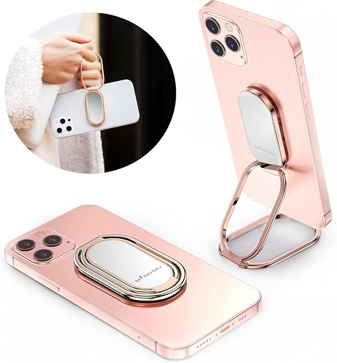 Phone Ring Holder Finger Kickstand 360°Rotation Cellphone Back Grip Foldable Cell Phone Stand for Desk Compatible with iPhone iPad Smartphones Tablets (Rose Gold)
