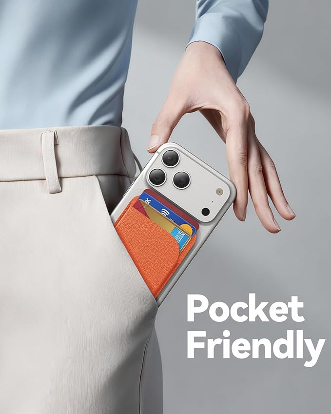 for MagSafe Wallet, 5 Cards Holder with Stand, Magnetic Phone Wallet Stand for iPhone 17/16/15/14/13/12 Pro Max Air Plus Series, RFID Blocking Vegan Leather,Orange