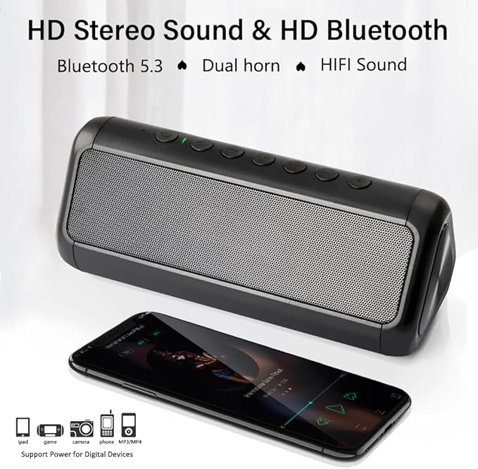 Solar Bluetooth Speaker Portable Wireless, 50H Playtime with HD Stereo Sound,5000mAh Can Charge Cell Phone,BT5.3,Outdoor Waterproof IPX6,TWS Pairing/AUX/TF play for Camping/Beach/Party/travel/Cycling
