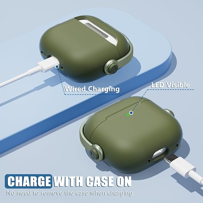 Safety Lock for Airpods 4 Case, TPU Case for Apple Airpods 4 Case 2024 USB-C with Cleaner Kit, Drop Protection Airpods 4 Case Cover for Men with Lock and Keychain, Army Green