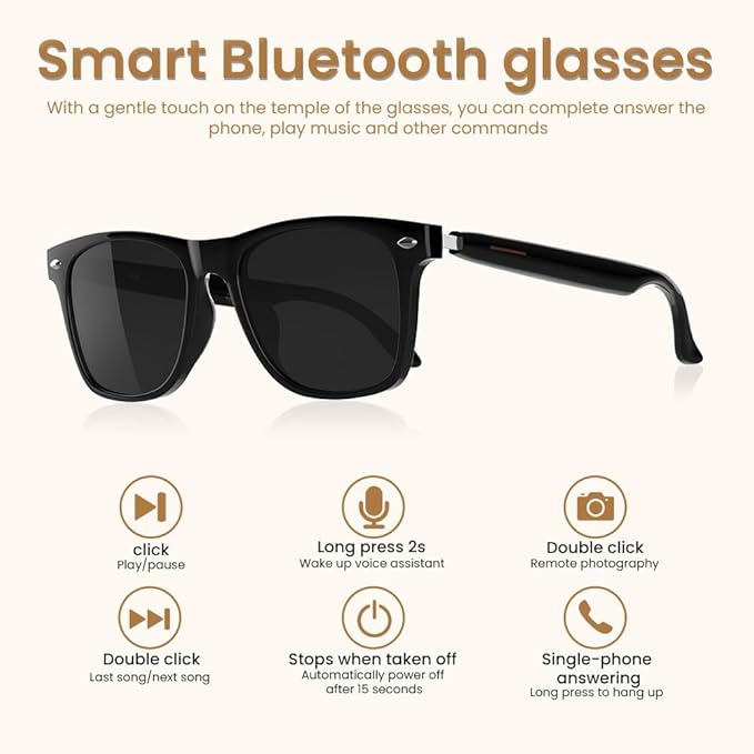 Bluetooth Audio Smart Glasses for Women Men,Polarized Bluetooth Sunglasses with Open Ear Speaker,Voice Control, Hands-Free Calls & Built-in Microphone for iPhone Android Music/Work
