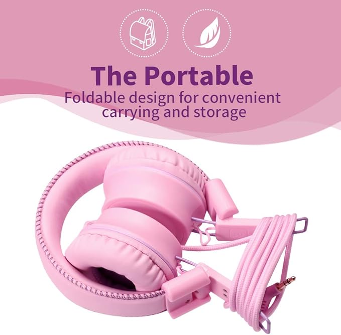 M2 Kids Headphones Wired Headphone for Kids,Foldable Adjustable Stereo Tangle-Free,3.5MM Jack Wire Cord On-Ear Headphone for Children/Teens/Girls/School/Kindle/Airplane/Plane/ (Pink)
