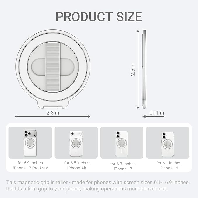 Grat 4 for Magsafe Magnetic Phone Grip Stand, 360° Rotatable Elastic Strap Loop, Detachable Ultra-Thin Aluminum Ring Kickstand Compatible with iPhone 17 Pro Max Air 16 15 14 13 12, Silver