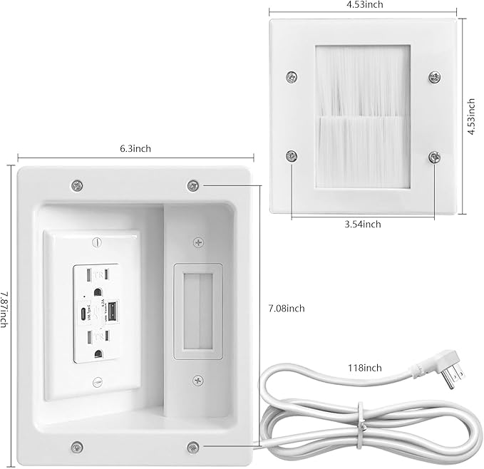 TV Cord Hider for Wall Mounted TV – Dual Outlet in-Wall Cable Management Kit for Power & Low Voltage Cables – Includes 9.84”L x 7.87”H x 3.94”D Module, Wall Template, Saw (4 Data Cable Jacks)